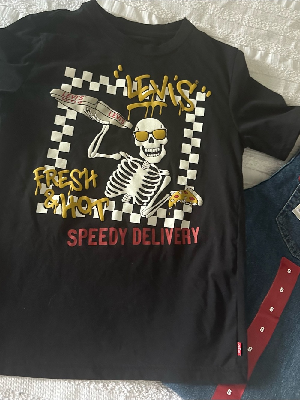 Levi's Black Graphic 'Fresh & Hot' Skeleton Tee with Yellow & Red Accents